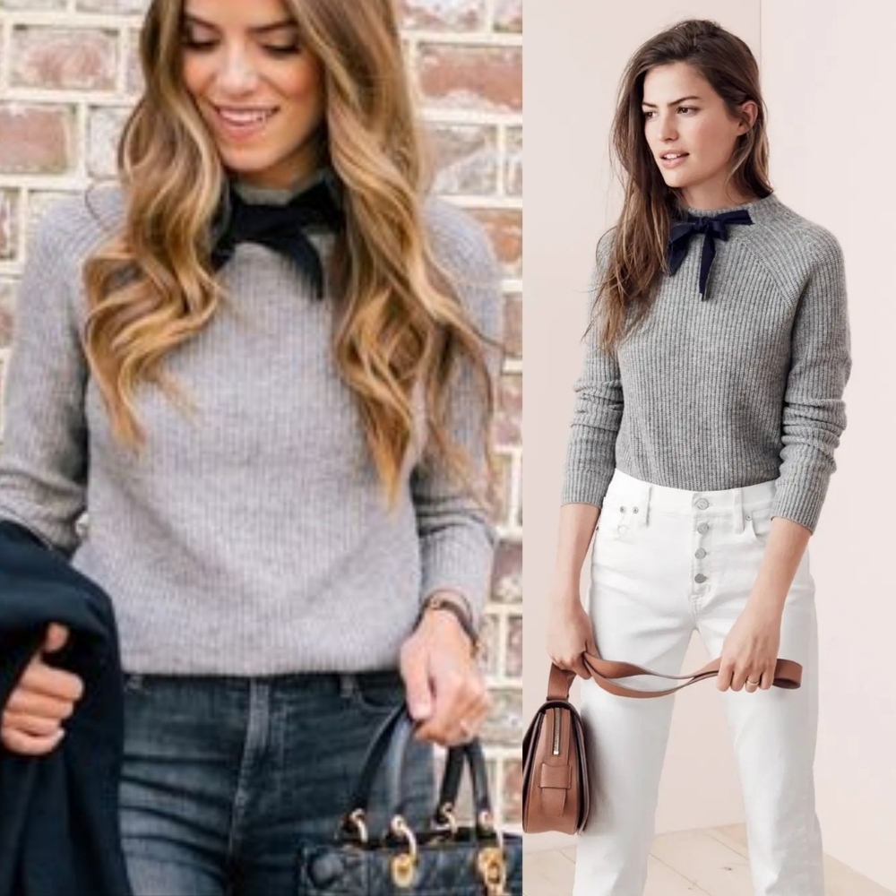 J. Crew Gayle Gray Knit Black Bow-Tie Mockneck Drop-Shoulder Pull-over Sweater